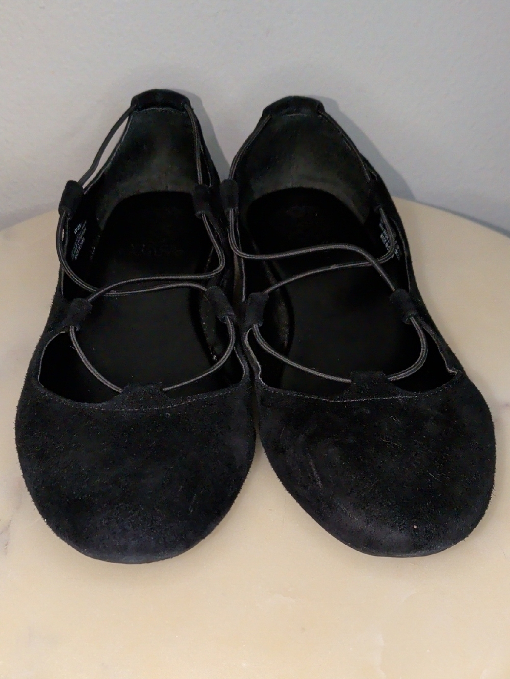 Ballet Flats - Black Suede - Stretchy No-Tie Lace Ups